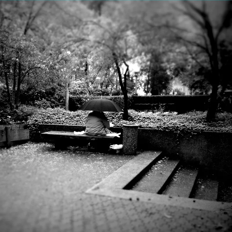 Man sits alone under umbrella in a park